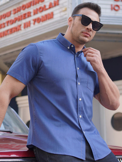 Men's Short Sleeve Shirt Loose Casual Stretch Denim Shirt