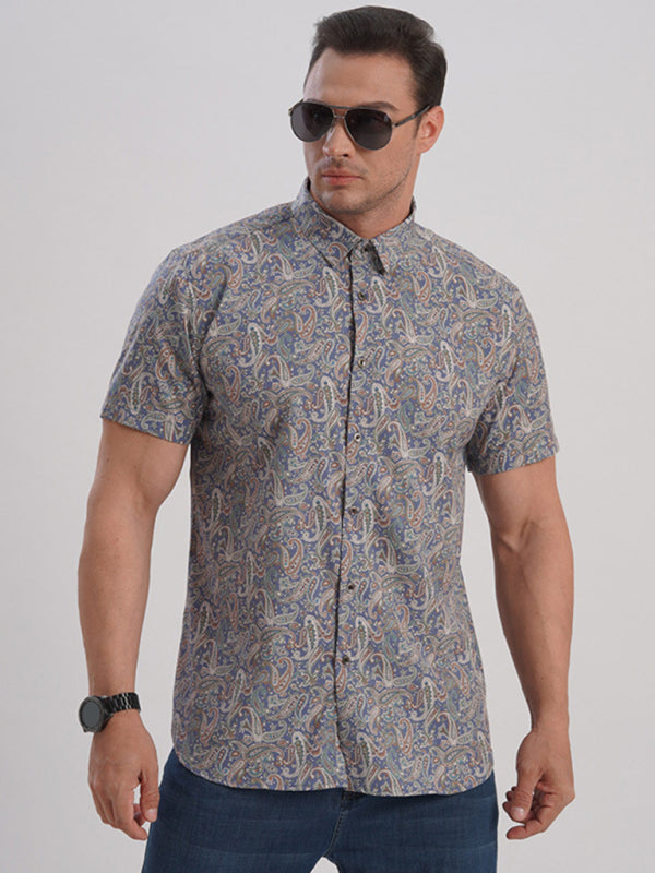 Men's stretch leaf flower short-sleeved shirt