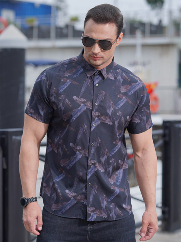 Men's stretch leaf flower short-sleeved shirt