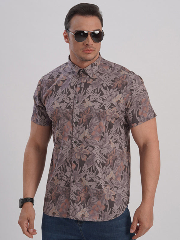 Men's stretch leaf flower short-sleeved shirt