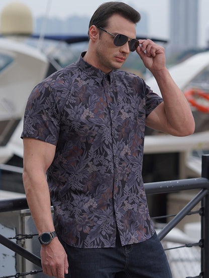 Men's stretch leaf flower short-sleeved shirt