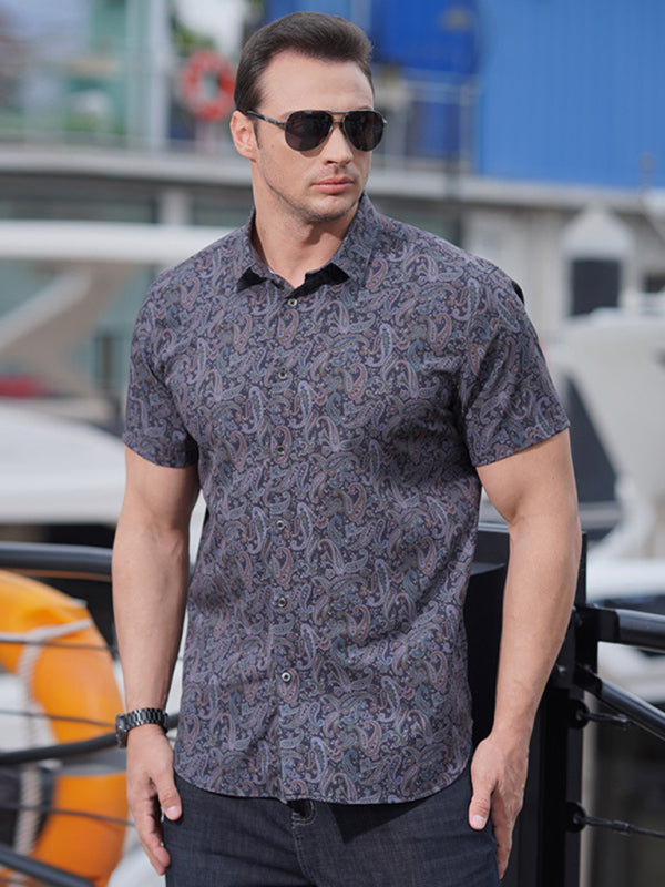 Men's stretch leaf flower short-sleeved shirt