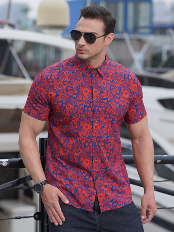 Men's stretch leaf flower short-sleeved shirt