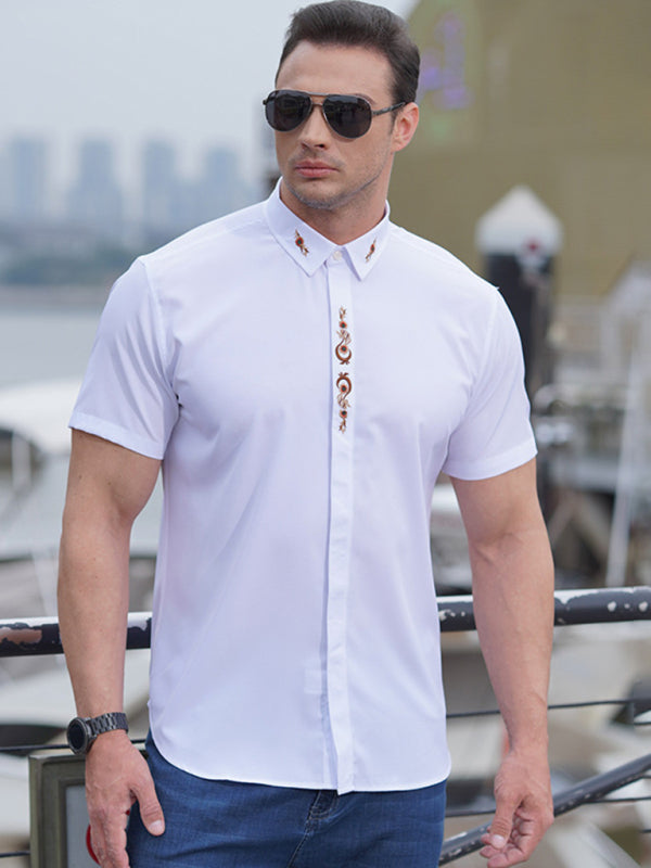 Men's elastic loose casual solid color embroidery thin shirt