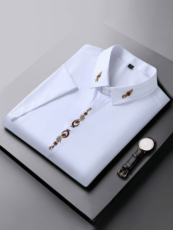 Men's elastic loose casual solid color embroidery thin shirt