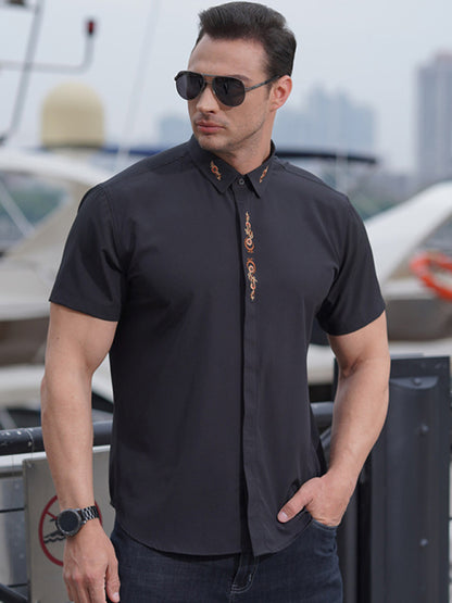 Men's elastic loose casual solid color embroidery thin shirt