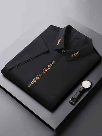 Men's elastic loose casual solid color embroidery thin shirt