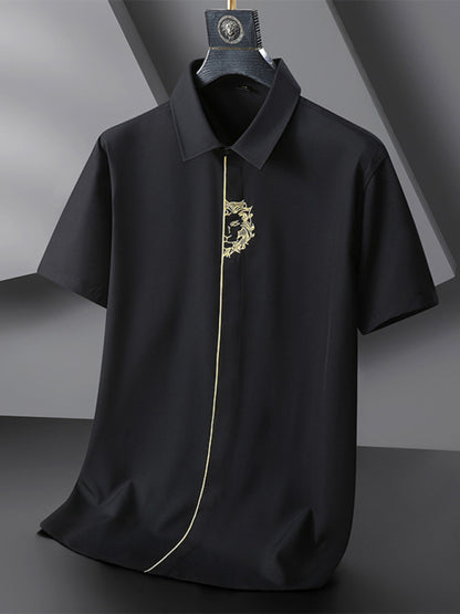 Men's elastic loose casual solid color embroidery thin shirt