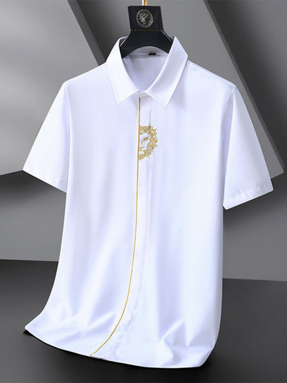 Men's elastic loose casual solid color embroidery thin shirt