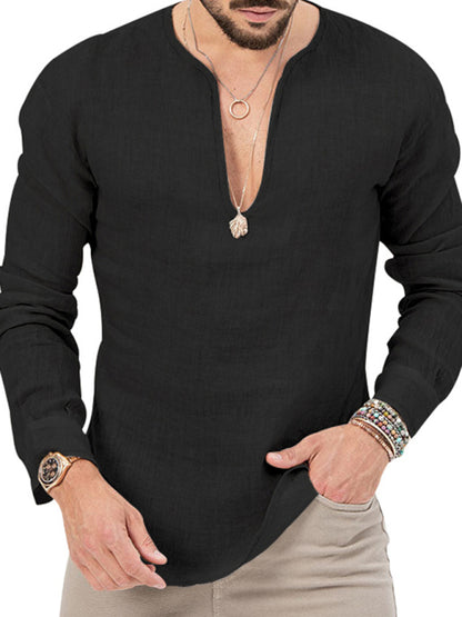 Men's Henry Long Sleeve T-Shirt Slim Fit Solid Color Large Size Deep V Neck Shirt