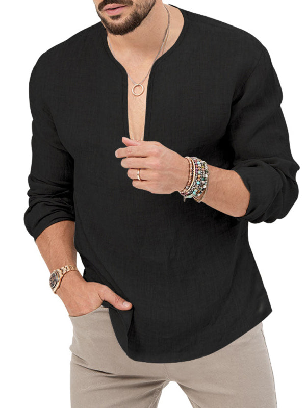 Men's Henry Long Sleeve T-Shirt Slim Fit Solid Color Large Size Deep V Neck Shirt