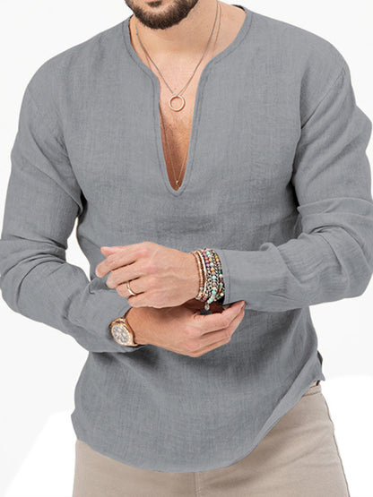 Men's Henry Long Sleeve T-Shirt Slim Fit Solid Color Large Size Deep V Neck Shirt