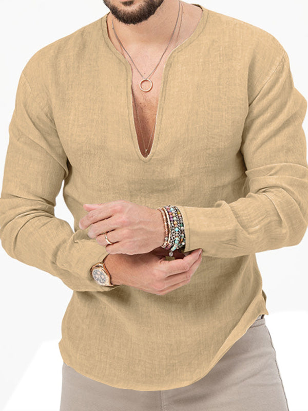 Men's Henry Long Sleeve T-Shirt Slim Fit Solid Color Large Size Deep V Neck Shirt