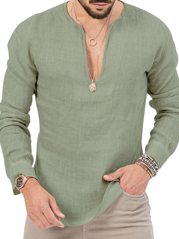 Men's Henry Long Sleeve T-Shirt Slim Fit Solid Color Large Size Deep V Neck Shirt