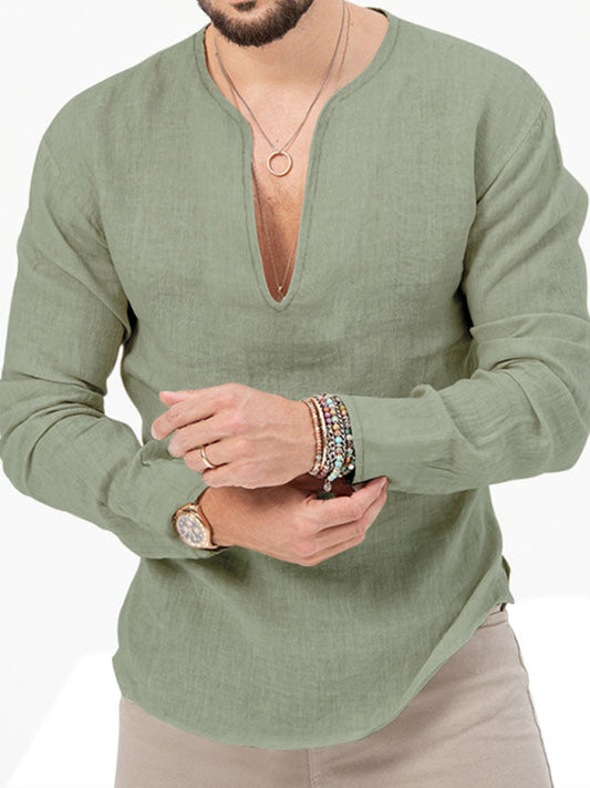 Men's Henry Long Sleeve T-Shirt Slim Fit Solid Color Large Size Deep V Neck Shirt