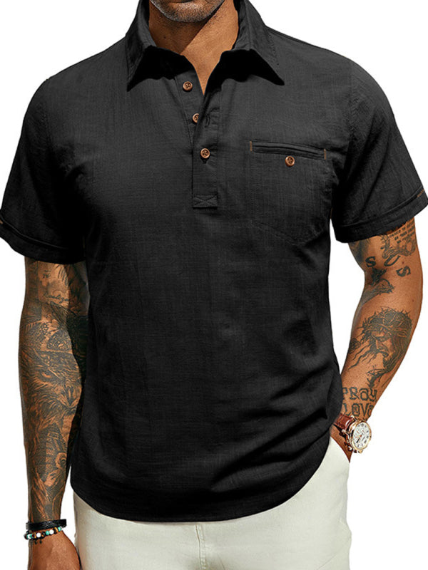 Men's casual solid color lapel short-sleeved tops