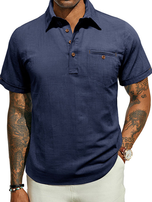 Men's casual solid color lapel short-sleeved tops