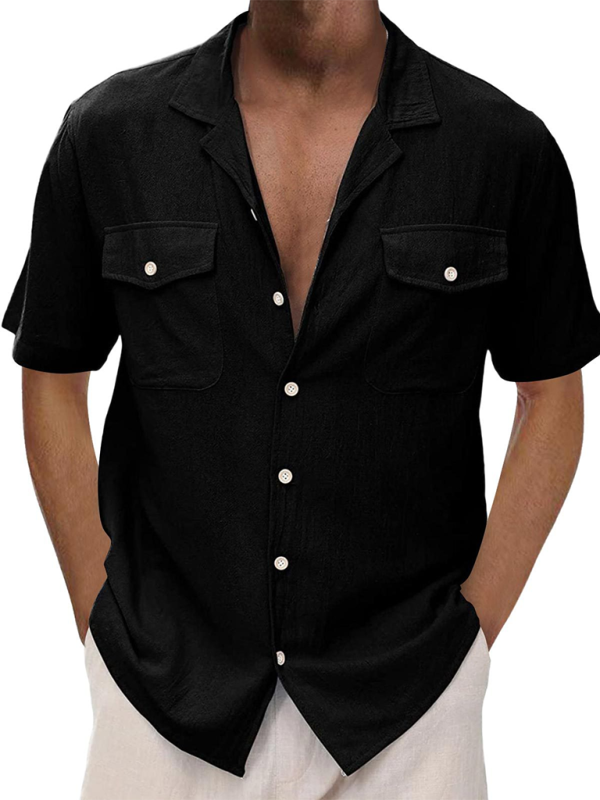 Men's Casual Cardigan Short Sleeve Double Pocket Shirt