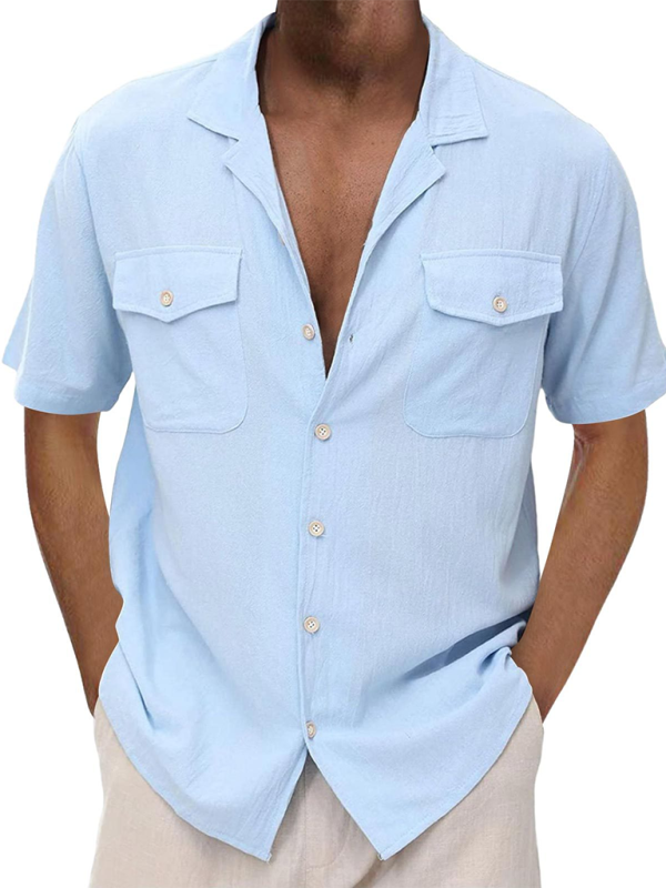 Men's Casual Cardigan Short Sleeve Double Pocket Shirt