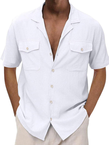 Men's Casual Cardigan Short Sleeve Double Pocket Shirt