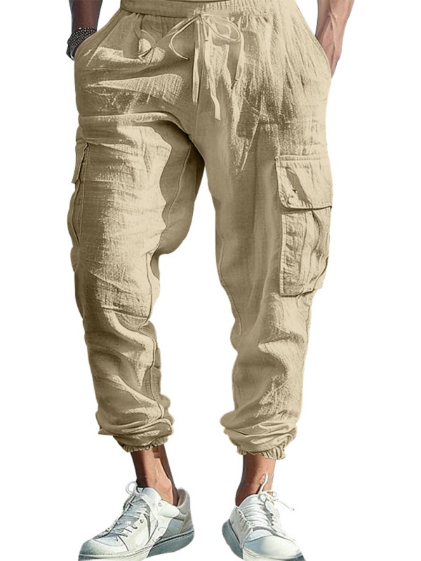 Men's multi-pocket drawstrings, solid color, loose large size drawstring trousers