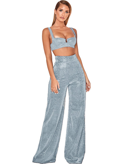 Women's Hot Silver Wide Leg Pants High Waist Straight Ladies Casual Pants