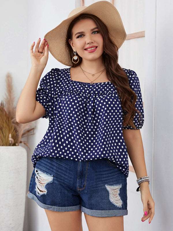 Large size women's chiffon short woven round neck plaid temperament commuter polka dot shirt