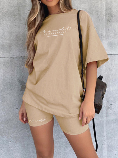 Women's letter printing fashion loose thin T-shirt casual sports two-piece suit