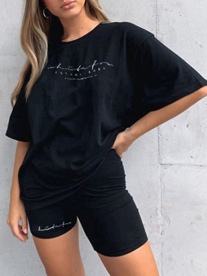 Women's letter printing fashion loose thin T-shirt casual sports two-piece suit