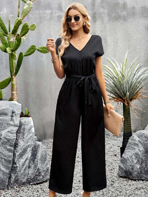 Women's Elegant Solid Color V Neck Jumpsuit