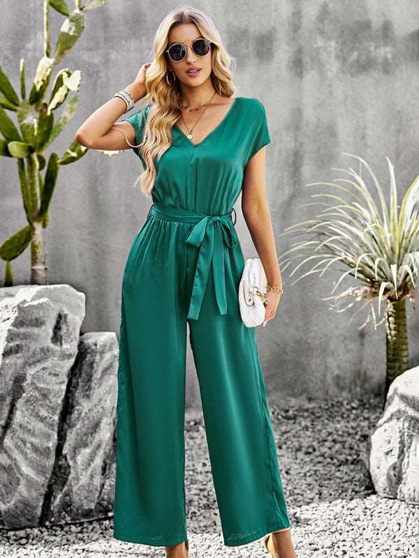 Women's Elegant Solid Color V Neck Jumpsuit