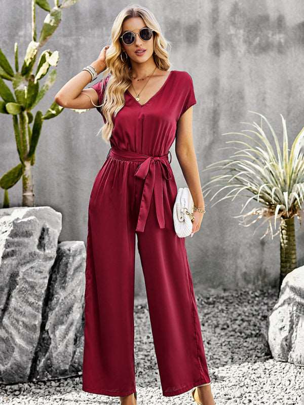 Women's Elegant Solid Color V Neck Jumpsuit