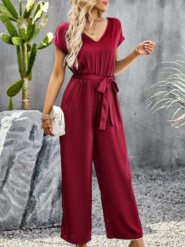 Women's Elegant Solid Color V Neck Jumpsuit