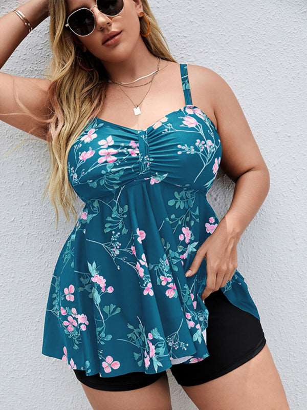 Ladies Plus Size - Printed Split Boxer Swimsuit Set