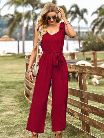 Women's woven temperament commuting waist slimming sleeveless jumpsuit