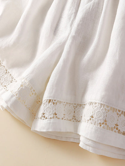 Women's woven cotton linen hollow lace loose shorts