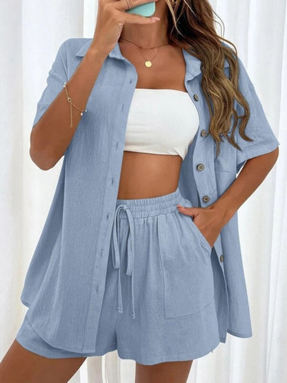 Women's Loose-fit short-sleeve single-breasted shorts Two-piece solid-color shirt set