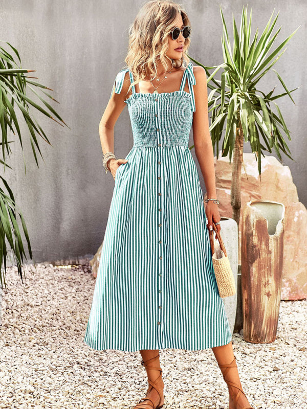 Women's striped temperament elegant suspender dress