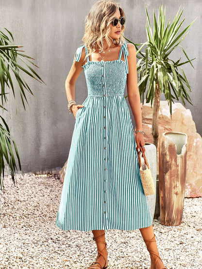 Women's striped temperament elegant suspender dress