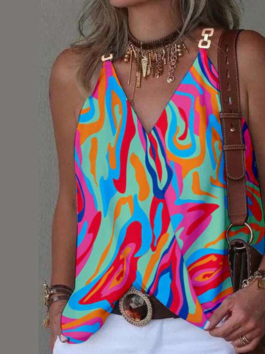 Simple V-neck Metal Buckle Printed Vest Top Women