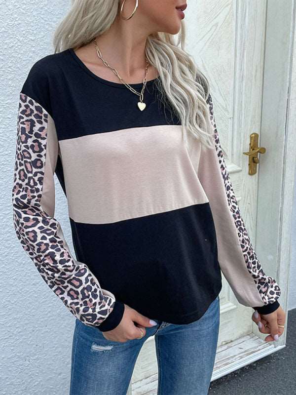 New Fashion Loose Casual Top Leopard Stitching Long Sleeve T-Shirt