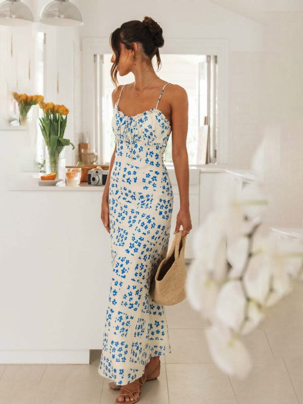 Women's sexy slim-fit suspender V-neck printed backless long dress