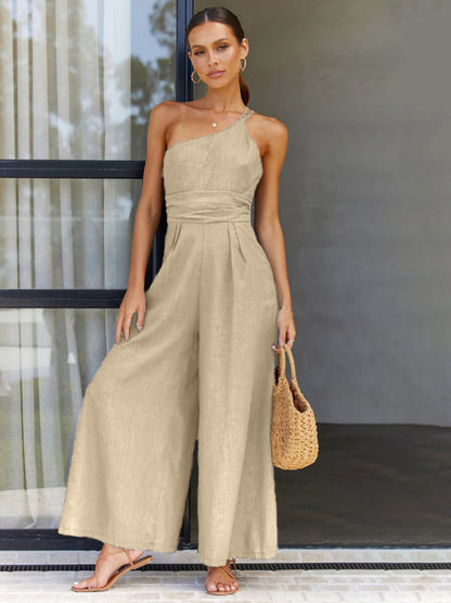 Women's comfortable and refreshing sleeveless waistless backless loose wide-leg jumpsuit