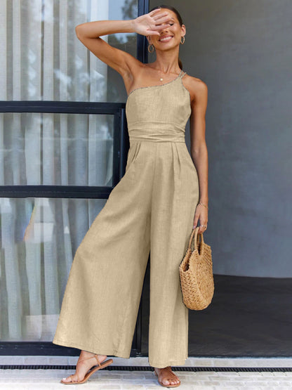 Women's comfortable and refreshing sleeveless waistless backless loose wide-leg jumpsuit