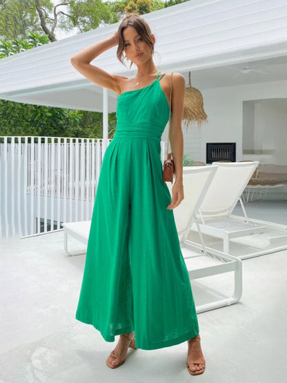 Women's comfortable and refreshing sleeveless waistless backless loose wide-leg jumpsuit