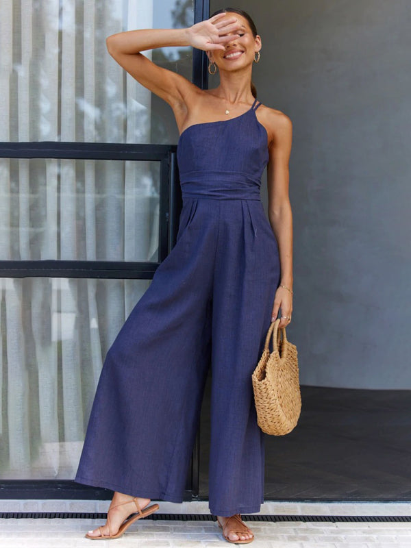 Women's comfortable and refreshing sleeveless waistless backless loose wide-leg jumpsuit