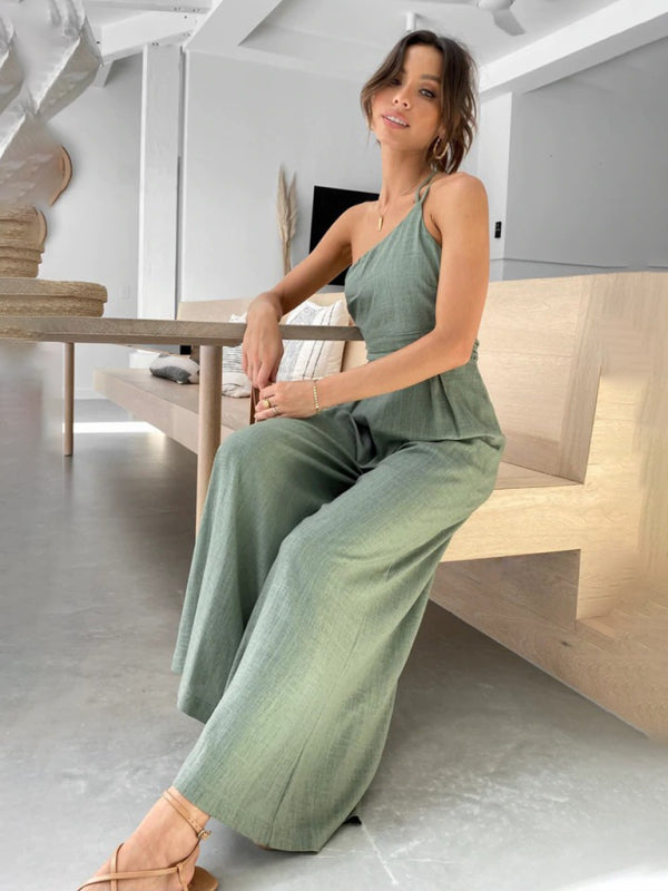 Women's comfortable and refreshing sleeveless waistless backless loose wide-leg jumpsuit