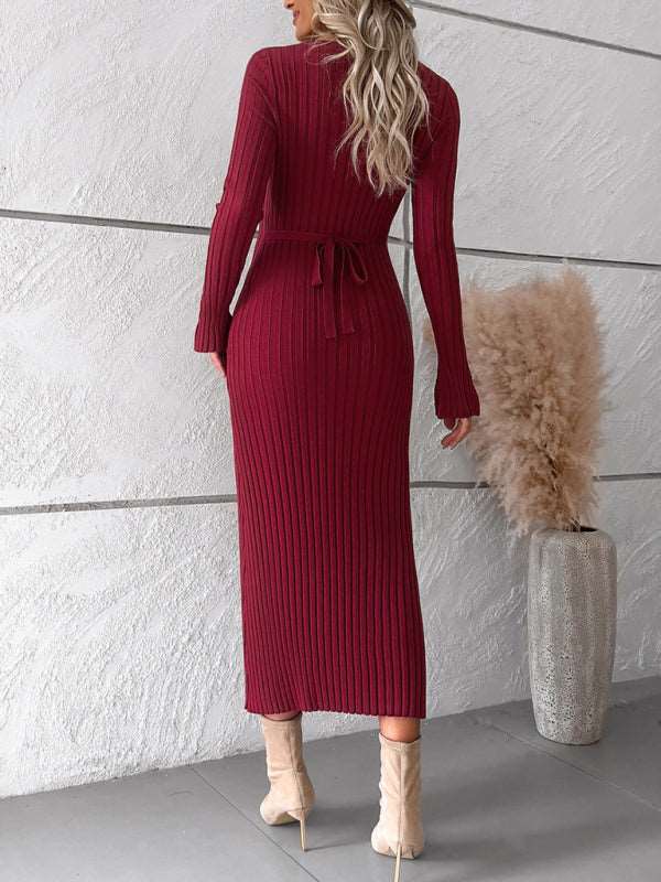 Women's new style elegant solid color v-neck long-sleeved sweater dress