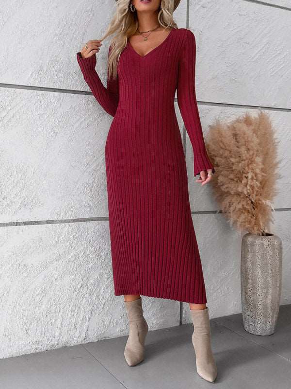 Women's new style elegant solid color v-neck long-sleeved sweater dress