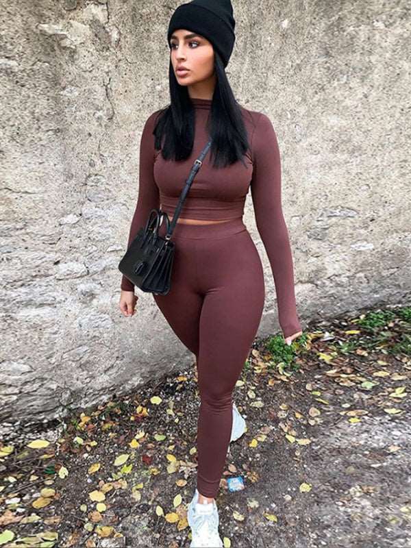 Women fashionable casual sports suit slim long-sleeved two-piece set